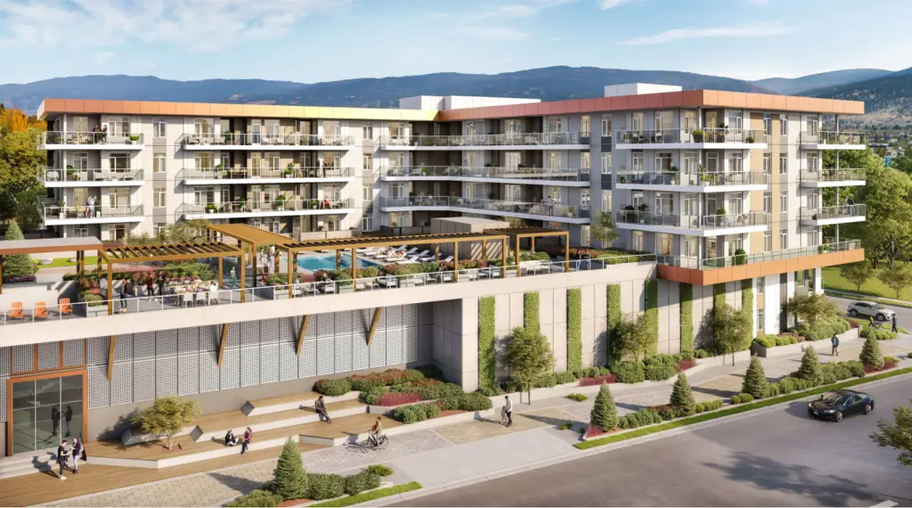 Luxury apartment building with a rooftop pool.