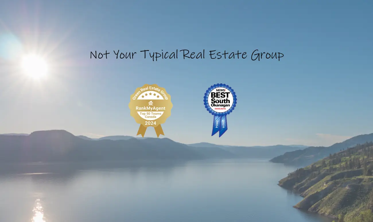 Green Team Realtor Group logo with the slogan “Your Trust. Our Future. Let’s Grow” over a scenic British Columbia backdrop — a fresh, non-traditional real estate brand image.