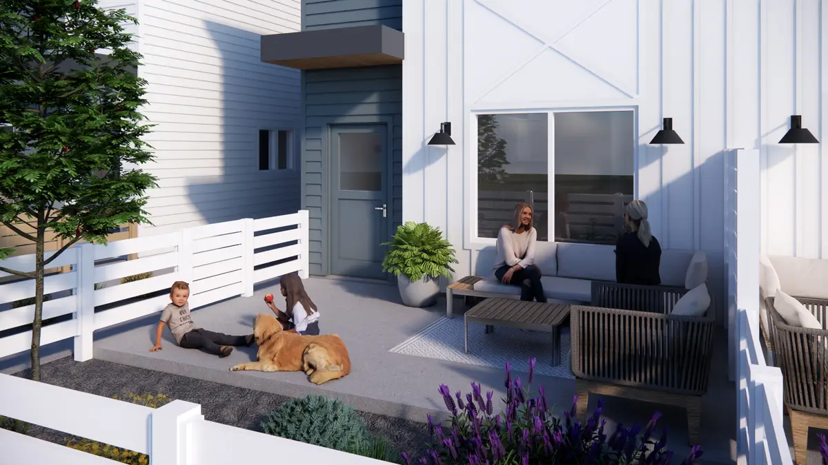 Outdoor patio with people conversing on a sofa, kids and a dog playing nearby.