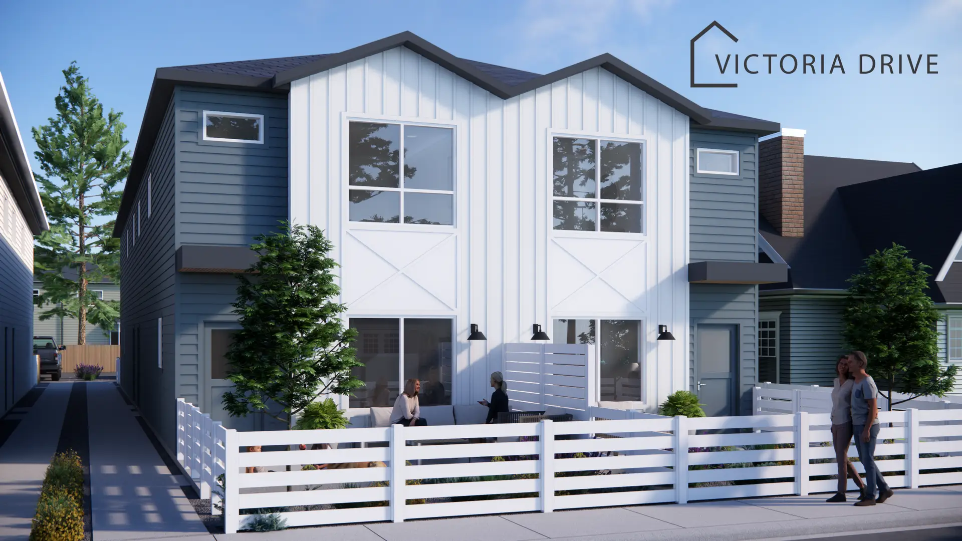 Modern duplex with white and grey facade, large windows, and patio; labeled "Victoria Drive".