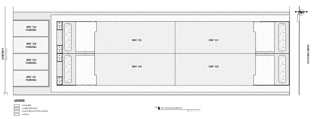 Site plan layout for 687 Victoria Drive, Penticton BC – 3-bedroom high-efficiency fourplex