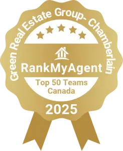 Gold award badge for Green Real Estate Group Chamberlain RankMyAgent Top 50 Teams Canada 2025.