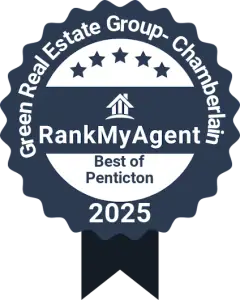 Dark blue award ribbon for Green Real Estate Group Chamberlain RankMyAgent Best of Penticton 2025